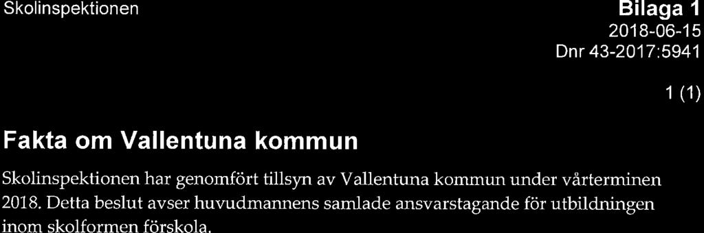 Bilaga 1 201 8-06-1 5 Dnr 43-2017:5941 Fakta om Vallentuna kommun har genomfört tillsyn av Vallentuna kommun under vårterminen 2018.