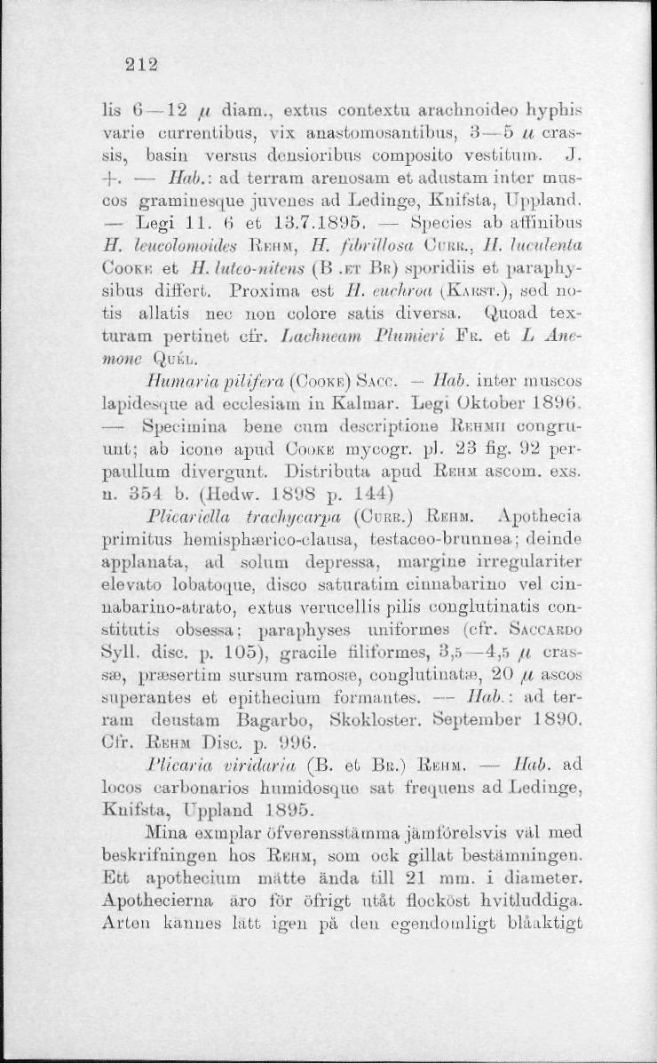 212 lis 6 12 // diam., extns contextu araclmoideo hyphis varie ourrentibus, vix anastoinosantibus, 3 5 u crabsis, basin versus donsionbus composite vestitmn. J. +. Hab.