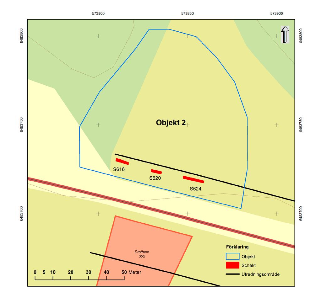 Länsväg 210 mellan Evertsholm och Söderköping Figur 3. Schaktplan objekt 2. Skala 1: 1 000. KM objekt 4 Boplatsläget KM objekt 4 ligger i huvudsak utanför den tänkta vägkorridoren.