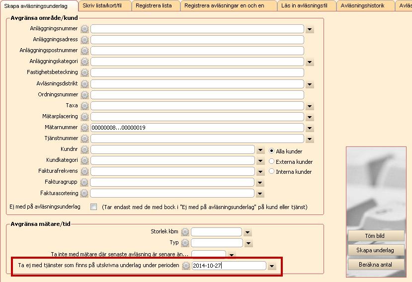 Scrum 40992 ärende 60863 VA>Avläsning I bilden VA>Avläsning:Skapa avläsningsunderlag kan man nu sortera ut poster som det redan har skrivits ut avläsningskort eller avläsningskortfil för.