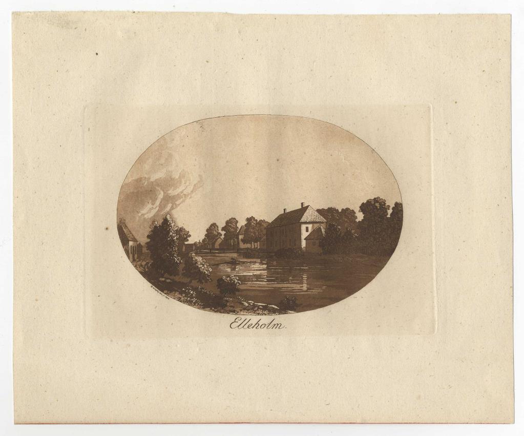 Akvatint - sepia. Motiv "Elleholm" i oval. Godset med genomflytande ån med en roende man av J. C. Linnerhjelm, " D. 27 maj 1803.