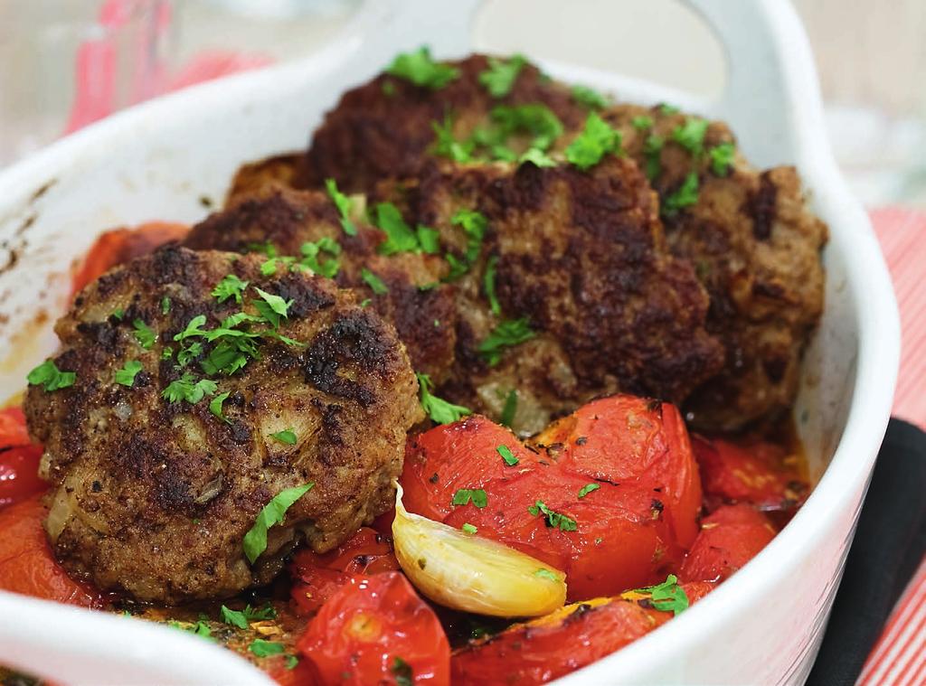 RECEPT 2 35 MIN 495 kcal/port. Energi från: Fett 36% Kolhydrater 35% Protein 29% Pannbiff med ugnsbakade tomater och bulgur Biffar med bulgur och varma söta tomater.