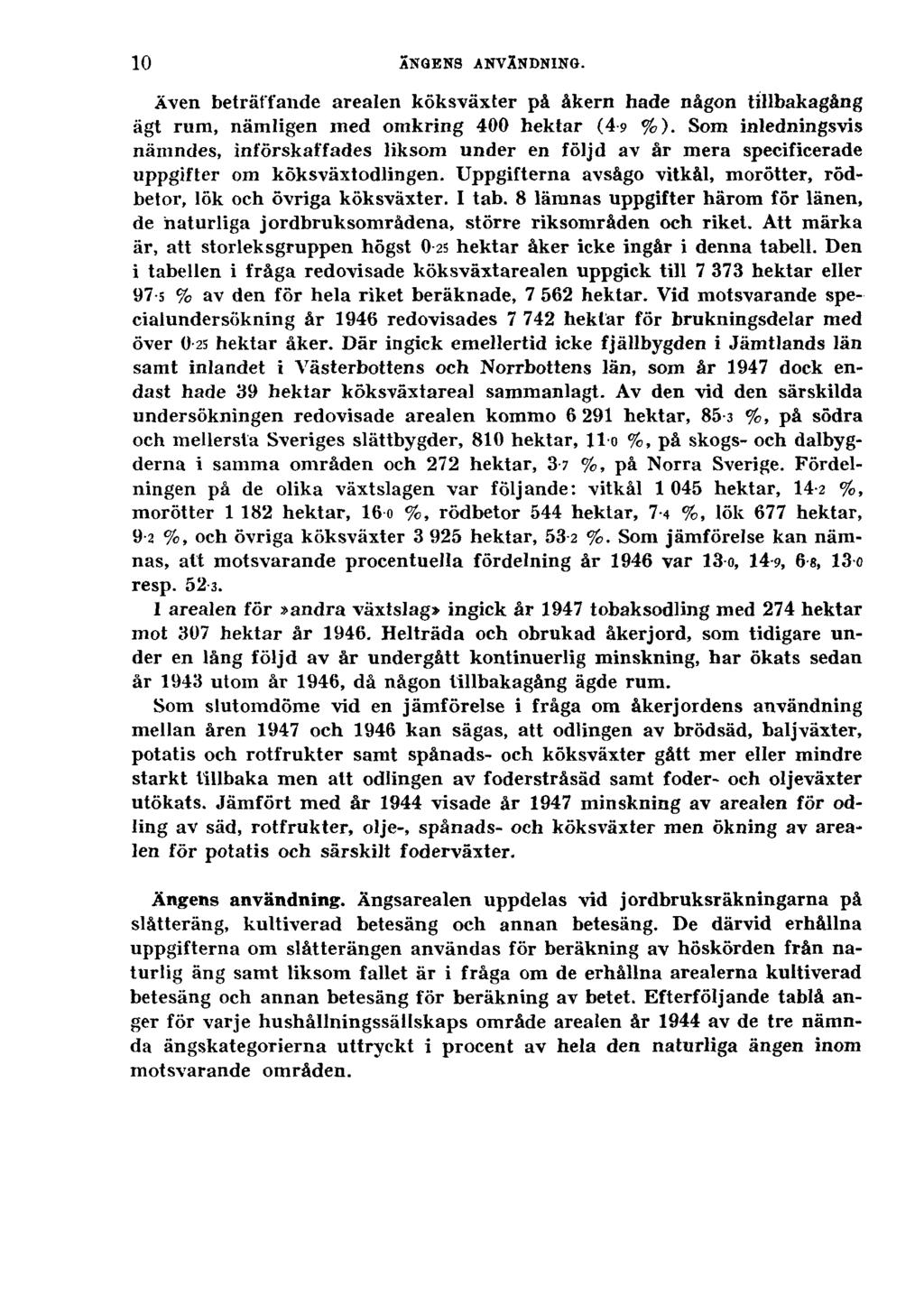 10 ÄNGENS ANVÄNDNING. Även beträffande arealen köksväxter på åkern hade någon tillbakagång ägt rum, nämligen med omkring 400 hektar (4-9 %).