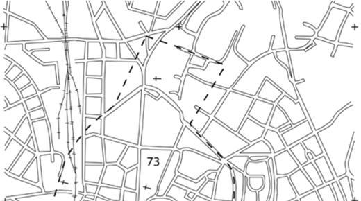 Figur 1. Lunds medeltida stadsområde, fornlämning 73, med platsen för undersökningen markerad med röd stjärna.
