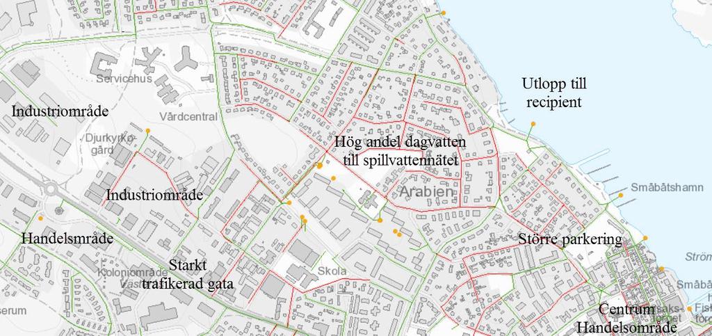 Större parkeringar Industriområden och båthantering Områden som avvattnas mot särskilt känsliga recipienter Vattenskyddsområden Figur 11 Exempel från dagvattenkartan, områden att prioritera vid