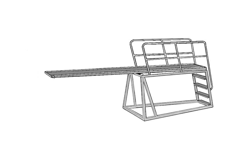 Tekniska specifikationer Längd: 4,500 mm Bredd: 500 mm Tjocklek framkant: 40 mm Tjocklek bakkant: 100 mm Vikt: 64 kg Sviktbräda, naken utan beslag 31 0650 Sviktbräda, monterade beslag och alla fästen