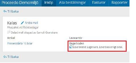 Leveransinformation vid beställning från mall Användaren