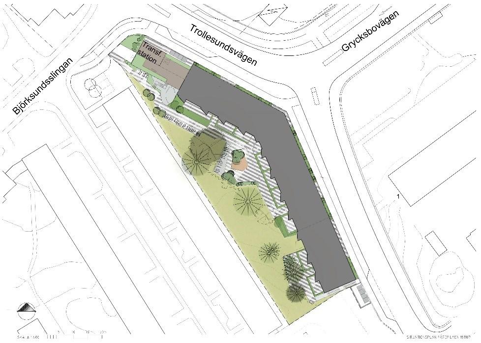 Sida 5 (11) Planförslaget Bebyggelse Den föreslagna byggnaden placeras längs Trollesundsvägen delvis på kvartersmark inom fastigheten Färgfilmen 1.
