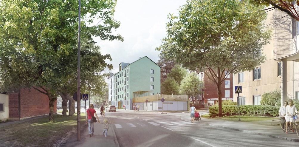Sida 7 (11) Gatuvy sedd från Trollesundsvägen (Bandhagens centrum) Planerad bostadsgård med den äldre bebyggelsen till vänster och den föreslagna bebyggelsen till höger. Illustration Tyréns.