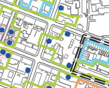 Utpekade värdekärnor är markerade med rosa fyllning och finns 1-2 kvarter från kvarteret Älgoxen och har inte visuell kontakt med kvarteret. B.