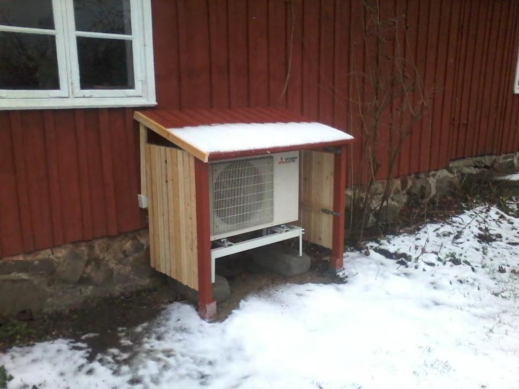 Glimmebodagården installation av luftvärmepump Luftvärmepumpen kläddes delvis in med väggar och lutande tak av spontade brädor.