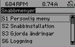 1. Så här programmerar du 1 1.1.6. Snabbmenyläge GLCP ger åtkomst till alla parametrar som visas i snabbmenyerna. NLCP ger bara tillgång till till snabbinstallationsparametrar.