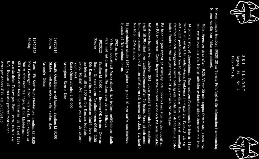 SRJ - BLADET Årgång 35 Nr 2 1982-02 - lo Ni som missade årsmötet 19820128 på Tyresta Friluftsgård, får information i Ni som var där kan friska upp minnet. sammandrag. Mötet öppnades strax efter 19.30.