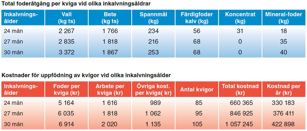 Sänkt inkalvningsålder Inkalvningsvikt 580 kg 27 mån 24 mån ger 46 000 kr/år och