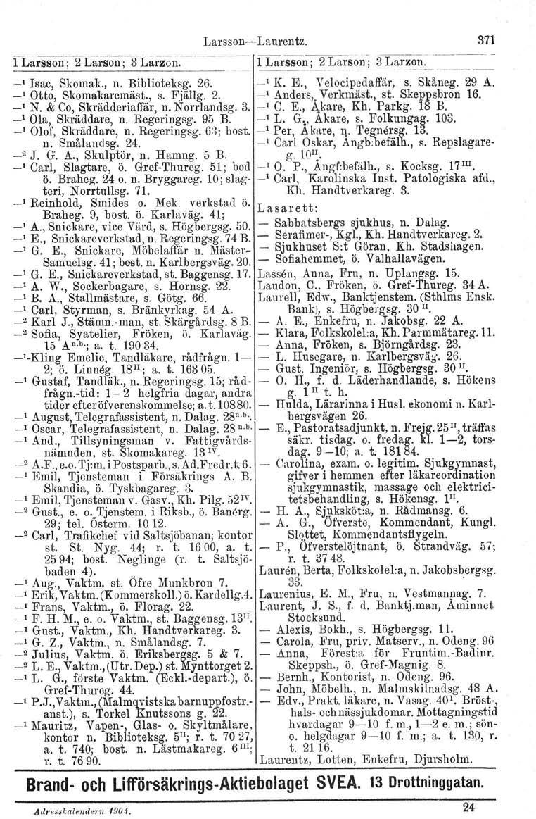 i Larsson; 2 Larson: 3 Larsen. LarssoncLaurent», 371 _I Isac, Skomak., n. Biblioteksg. 26. 1 K. E., Velocipedaffär, s. Skåneg. 29 A. _lotto, Skomakaremäst., s. Fjällg. 2. _I Anders" Verkmäst., st.