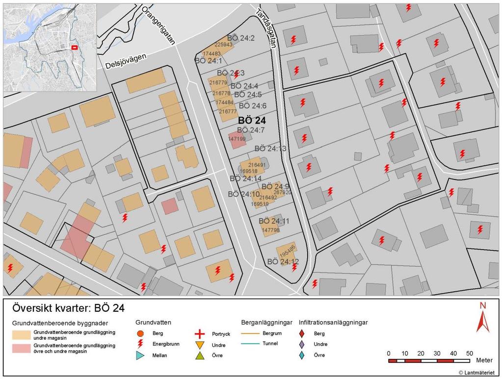 Figur 2. Bö 24, där grundvattenberoende byggnader visas i rött och orange.