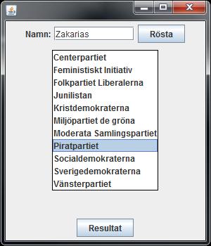 Man vill göra detta med ett Java-program som skapar ett fönster med följande utseende (nedan till vänster): I mitten finns en lista med de partier man kan rösta på.