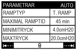 Steg 3: visning av inställda parametrar I CPAP-läge Bestämt tryck: Den trycknivå som läkaren ordinerat patienten. Ramp Typ: Ramptypen som valts, T-Ramp (tidsramp) eller I-Ramp (indexerad ramp).
