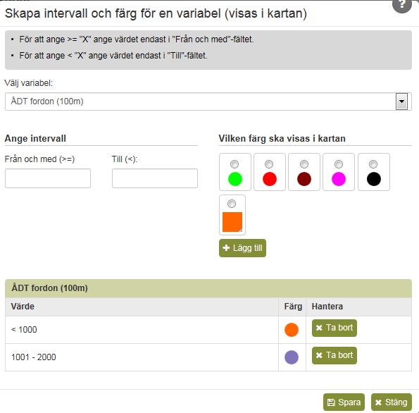 De variabler som finns med som villkor samt som visningsvariabler ii sökresultattabellen går att välja. Gå vidare med att skapa intervallen och välj färg för respektive intervall.