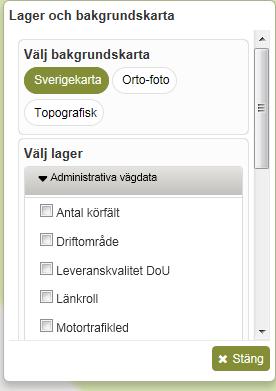 Du kan välja bakgrundskarta. Klicka på den du vill ska visas. Du bockar i det lager du vill se utritat i kartan. Lagret kommer ritas ut med färger i kartan. Välj endast ett lager i taget.