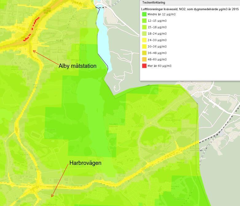Figur 3. Beräknade halter av NO 2 som 98-percentil dygn där placeringen av Alby mätstation och Harbrovägen är markerade. (Botkyrka kommun, 2015).