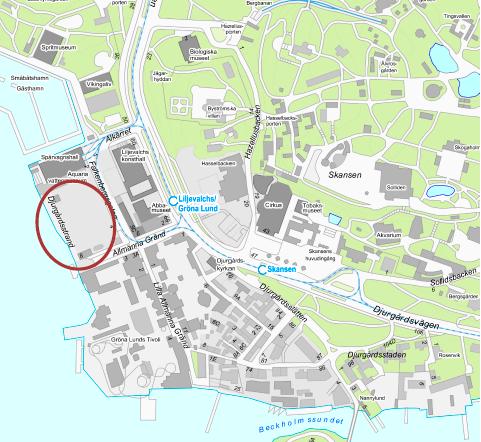 Sida 3 (17) Planområdet ligger i den sydvästra delen av Djurgården och omfattar ca 1,1 ha. Området är markerat med en röd ring.