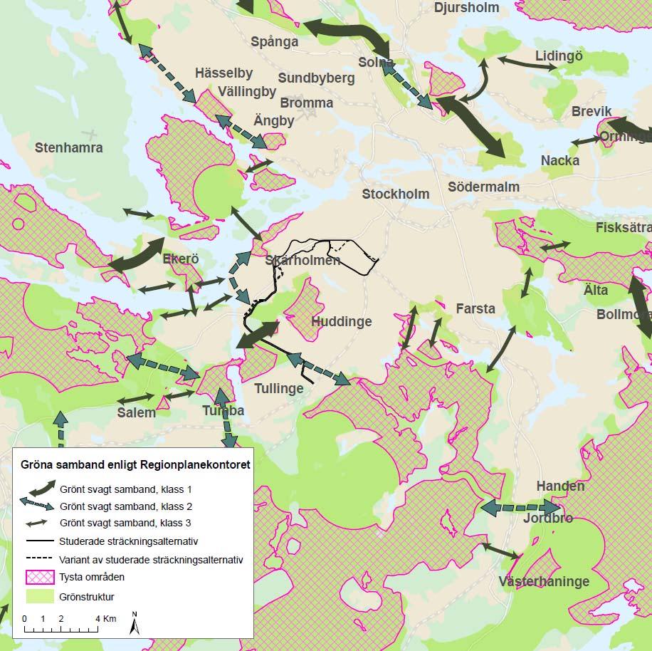 31(112) Figur 7 Visar Gröna samband enligt Regionplanekontoret. Längs sträckan finns två naturreservat som kan komma att påverkas, Gömmarens naturreservat och Gömsta ängs naturreservat.