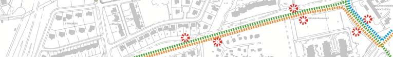 Blått stadsbuss linje 6, grönt stadsbuss linje 3, orange