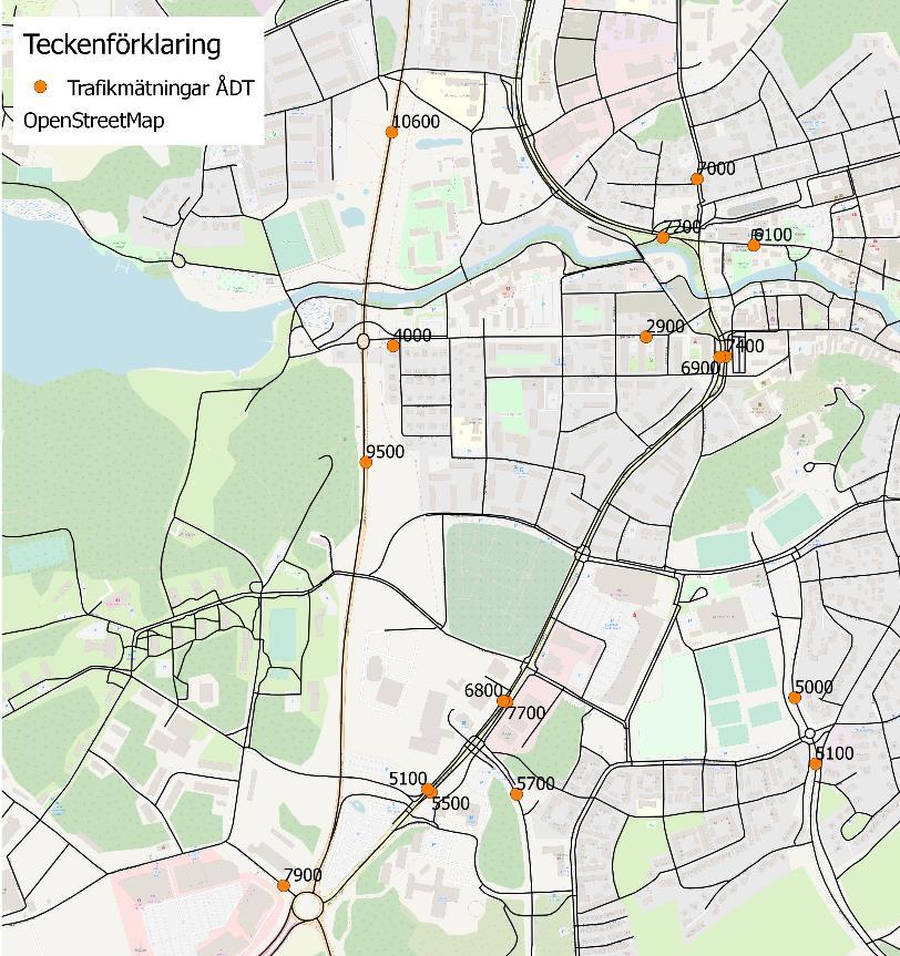 Stockholmsvägen i form av genomfartsgata och en hastighetsbegränsning på 50 km/h. Trafikmätningar på gatunätet visas i Figur 3.