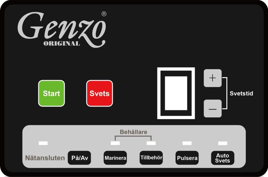 Kontrollpanelen C D E F A B G H I J A. Indikator nätanslutning B. Av/på knapp C. Start, vakuumförpacka D. Svets, försegla påsen E. Digital display F.