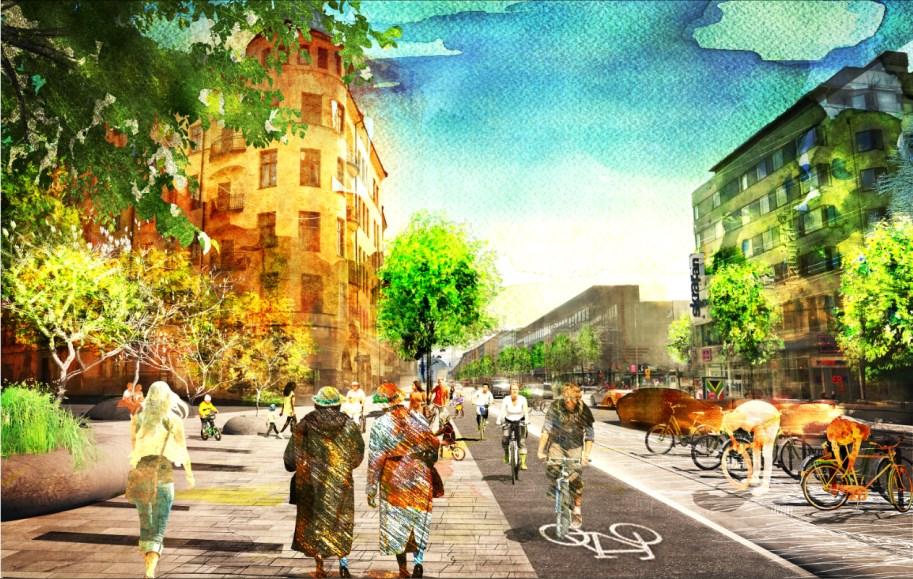 Sida 8 (11) Visionsbild, (Illustration: Amanda Wahlén, Sweco Architects) Nya träd planteras i en sammanhängande skelettjord och samordnas med nya sittplatser och cykelparkering i en möbleringszon.