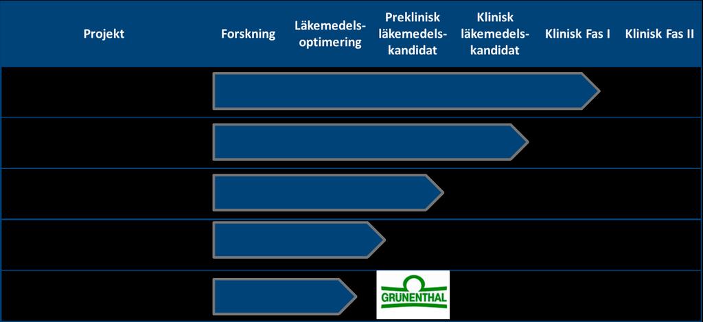 LÄKEMEDELSUTVECKLING Bolaget har fem läkemedelsprojekt i portföljen. Bolagets huvudsakliga resurser investeras i de två fractalkineprojekten.