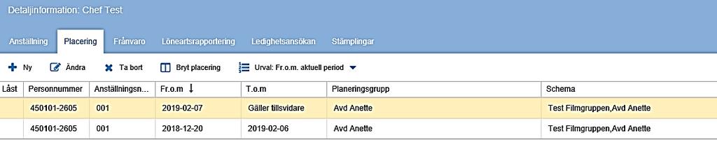 Det har nu skapats en ny rad, samt att den gamla placeringsraden har fått ett t.o.m. datum. Du har nu två rader med samma innehåll, bortsett från datumet.