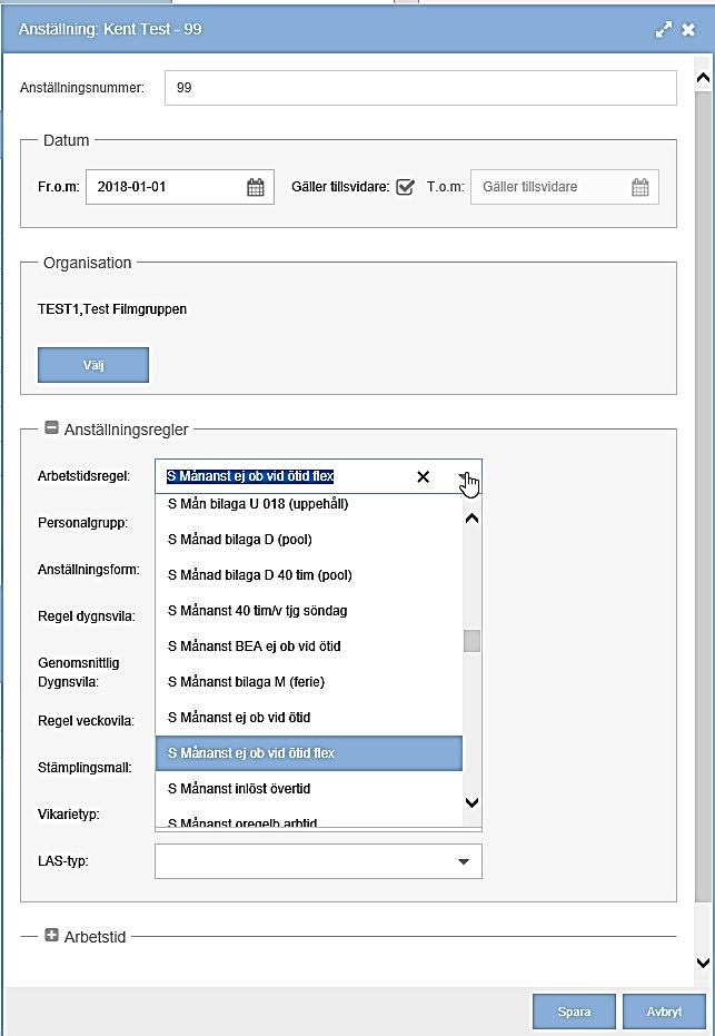 1.1 Arbetstidsregel Arbetstidsregel måste anges. Denna uppgift används för att veta vilket regelverk som gäller för den anställde.