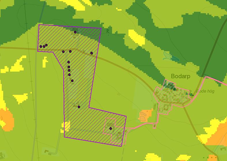 4.1.1 Bodarp Verksamhetsområde spillvatten Verksamhetsområde vatten Figur 4 t Bodarp i GIS-stödet med risk för påverkan vatten inom DARO (P11) Bodarp består av 14 bebyggda fastigheter med varierande