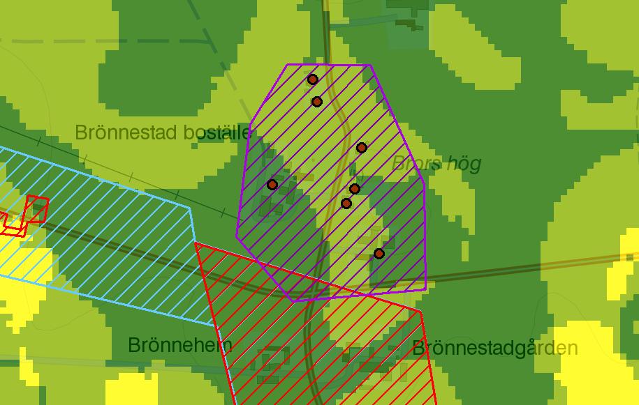 4.1.2 Brönnestad Verksamhetsområde spillvatten Verksamhetsområde vatten Figur 5 t Brönnestad i GIS-stödet med risk för påverkan vatten inom DARO (P11) Brönnestad består av sju bebyggda fastigheter