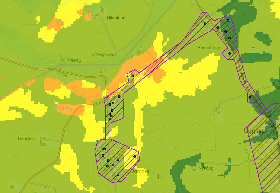 4.1.4 Domme Figur 7 t Domme i GIS-stödet med risk för påverkan vatten inom DARO (P11) Domme består totalt av 23 bebyggda fastigheter med varierande tomtstorlekar.