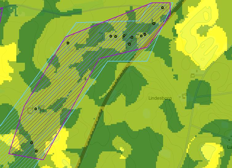 4.1.6 Klörups backar Verksamhetsområde vatten Figur 9 t Klörups backar i GIS-stödet med risk för påverkan vatten inom DARO (P11) Klörups backar består av 13 bebyggda fastigheter med varierande