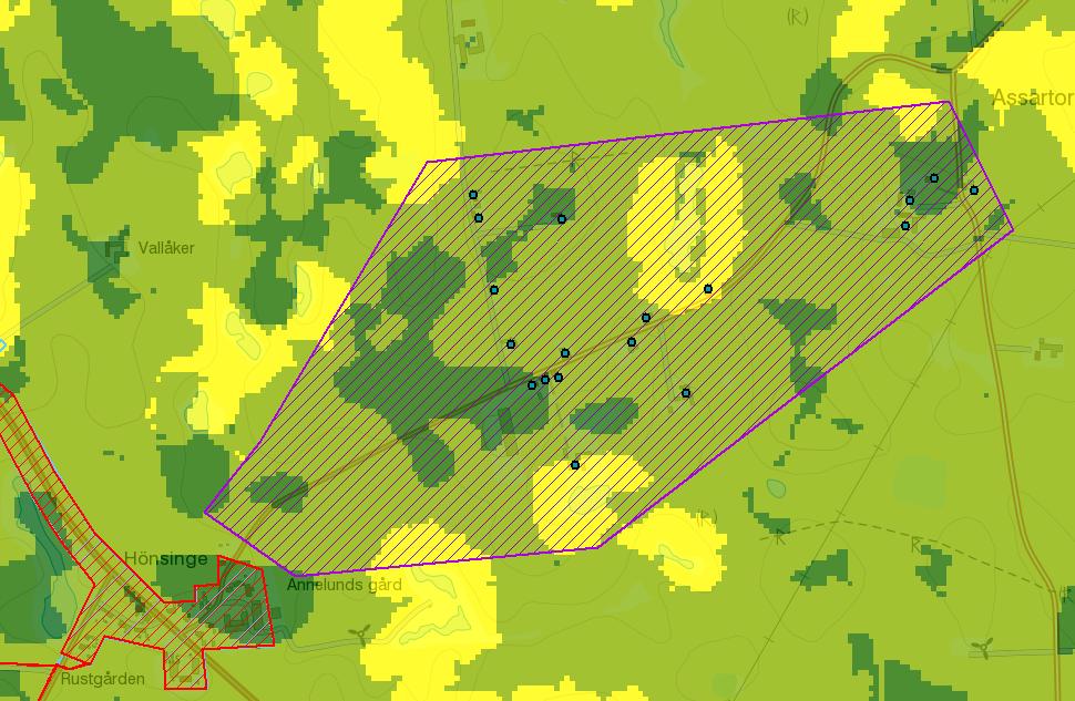 4.1.8 Norr om Hönsinge Verksamhetsområde spillvatten Verksamhetsområde vatten Figur 11 t norr om Hönsinge i GIS-stödet med risk för påverkan vatten inom DARO (P11) Norr om Hönsinge består totalt av