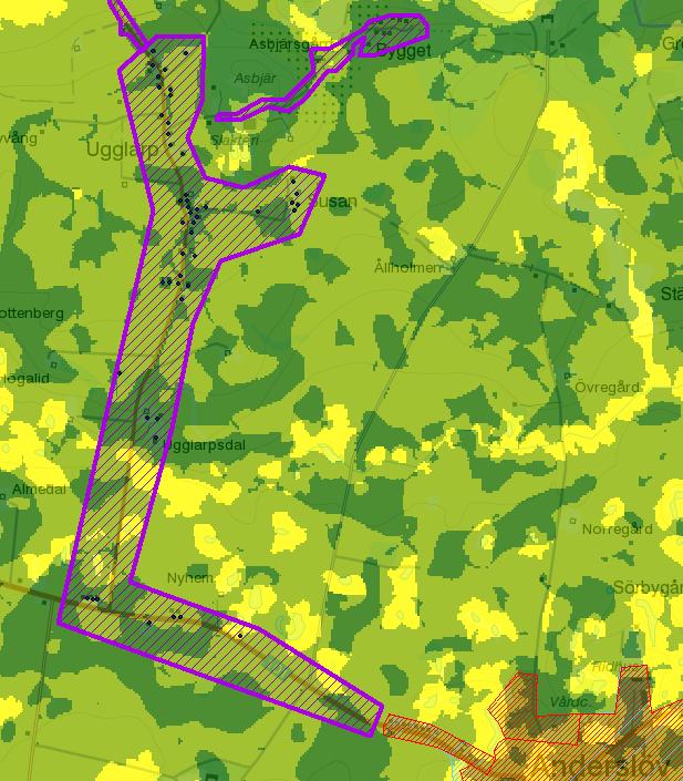 4.1.12 Ugglarp Verksamhetsområde spillvatten Verksamhetsområde vatten Figur 15 t Ugglarp i GIS-stödet med risk för påverkan vatten inom DARO (P11) t Ugglarp består av 44 bebyggda fastigheter varav 38