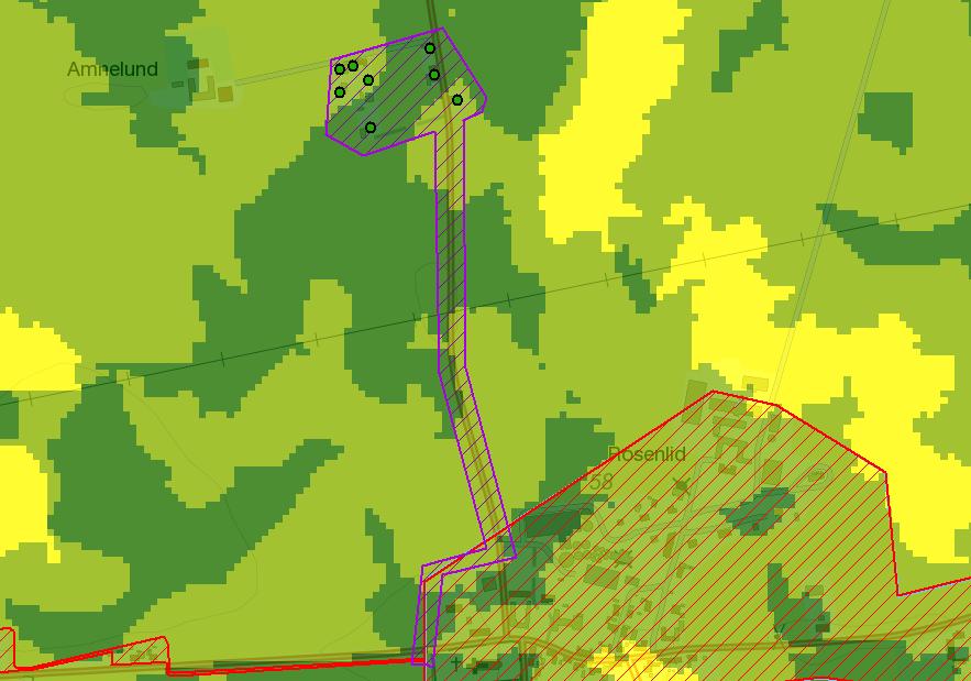 4.1.15 Öster om Amnelund Verksamhetsområde spillvatten Verksamhetsområde vatten Figur 20 t öster om Amnelund i GIS-stödet med risk för påverkan vatten inom DARO (P11) Öster om Amnelund består av åtta