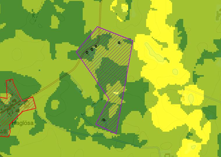 4.1.16 Öster om Haglösa Verksamhetsområde spillvatten Verksamhetsområde vatten Figur 21 t öster om Haglösa i GIS-stödet med risk för påverkan vatten inom DARO (P11) t öster om Haglösa består av fem