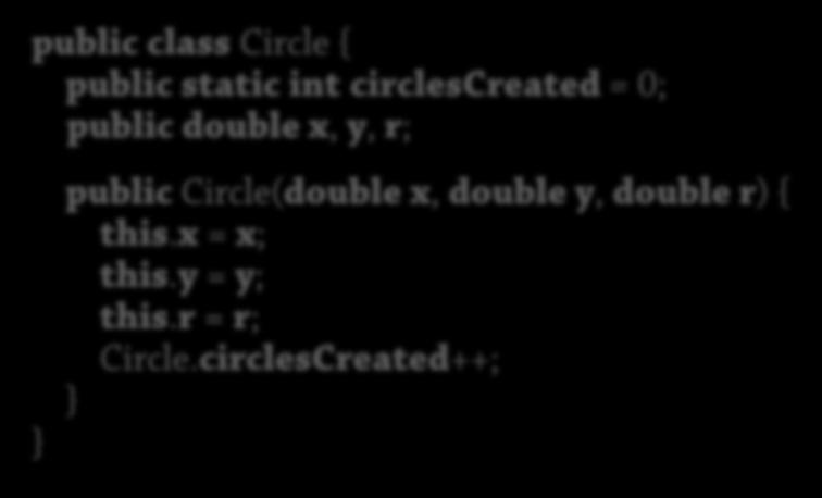 Tre sorters variabel (3): Statisk Statiskt fält Deklareras i en klass, static Varje programkörning har sin egen "kopia", allokeras statiskt (inte dynamiskt per objekt / anrop) Ett enda värde lagras,