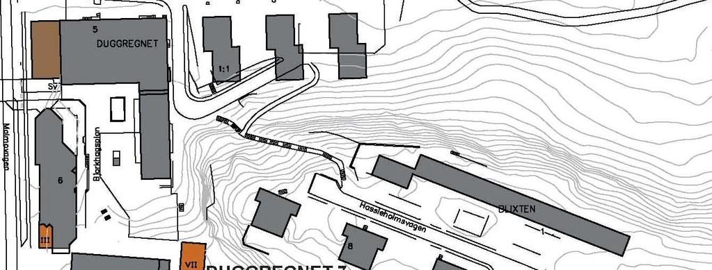 Sida 5 (7) Förslag på situationsplan av Svenska Bostäder. Duggregnet 7 Föreslagen plats på Duggregnet 7 är delvis bebyggd med en byggnad i två våningar som används för centrumverksamheter.