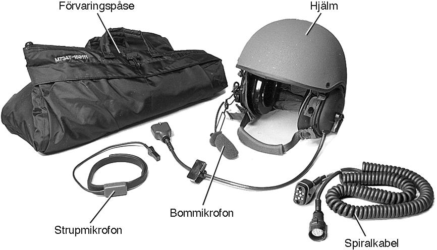 Telehjälm 9 och telehjälm 9A Telehjälm 9 och Telehjälm 9A består av hjälmskal, hjälminsats, bommikrofon, strupmikrofon, spiralkabel och förvaringspåse.