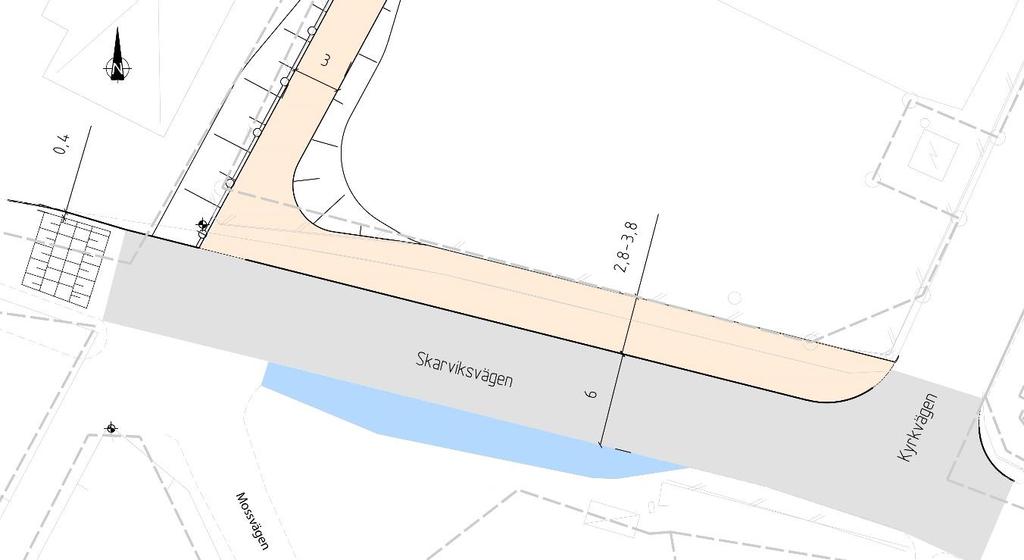 Trafiksäkerhet Skarviksvägen På Skarviksvägen väster om Kyrkvägen görs åtgärd för förtydligande av korsningens utformning, enligt tidigare framtaget principförslag, se figur 10.