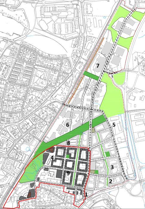 Uppdragsnr: 1054118 Version: 4 Riskutredning inför planprogram Mariesjö Figur 6 Utvecklingsområdet med ungefärligt läge på identifierade riskkällor.