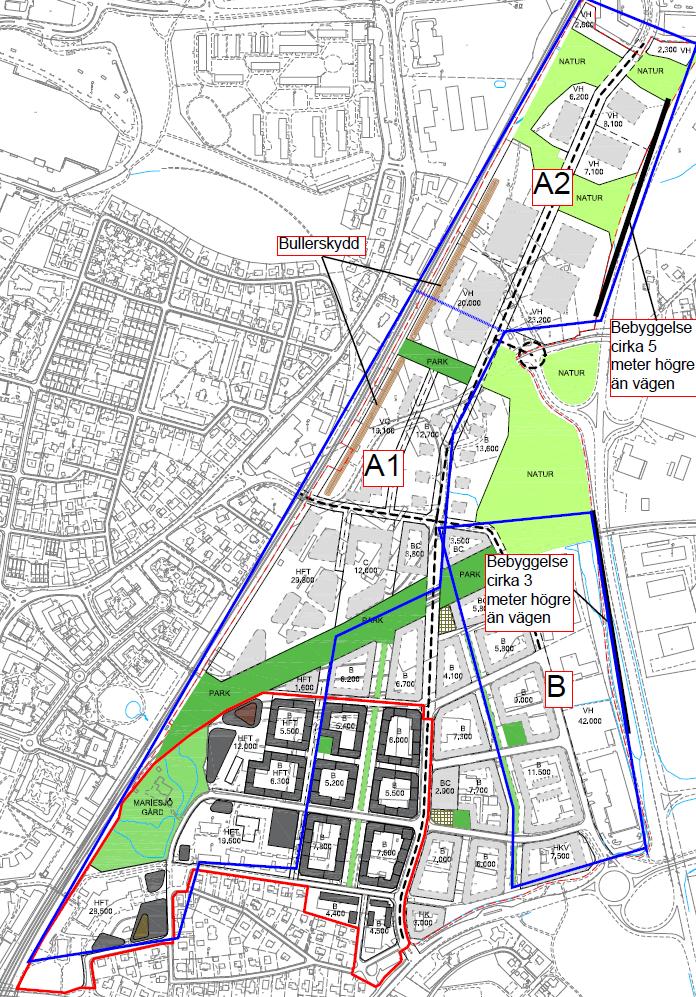 Uppdragsnr: 1054118 Version: 4 Riskutredning inför planprogram Mariesjö Figur 11 Utvecklingsområdets strukturbild och uppdelning i olika delområden för riskberäkningar.