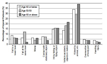Figure 5. Percentage of injured Swedish farmers in different age groups suffering injuries due to different causes. Differences between the age groups are not statistically significant (P>0.05).