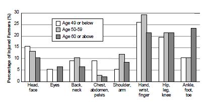 Skeletal injuries, crushed or pinched soft tissue injuries and bleeding wounds, in that order, were the most common injuries in the oldest age group.